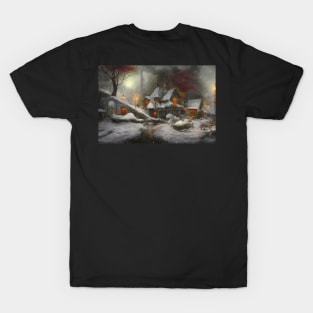 Magical Fantasy House with Lights in a Snowy Scene, Fantasy Cottagecore artwork T-Shirt